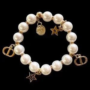 New in Box Dior GWP Stretch Faux Pearl Gold & White Dior Charm Bracelet